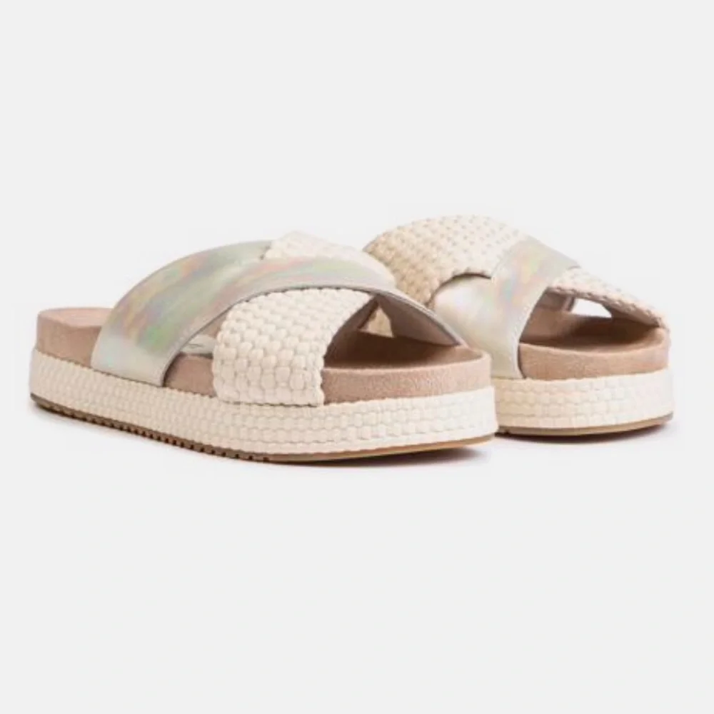 TOMS Silver Iridescent Leather‎ Woven Trim Paloma Platform Slide